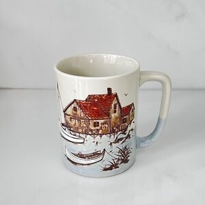 vintage Otagiri tall mug Incised Seagulls Boats Pier Scene Japan 14oz